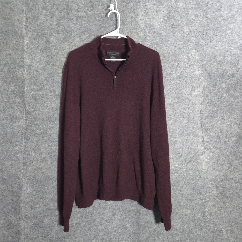 Bloomingdale's Cashmere Sweater Mens XL Burgundy 1/4 Zip Leather Trim Mock Neck